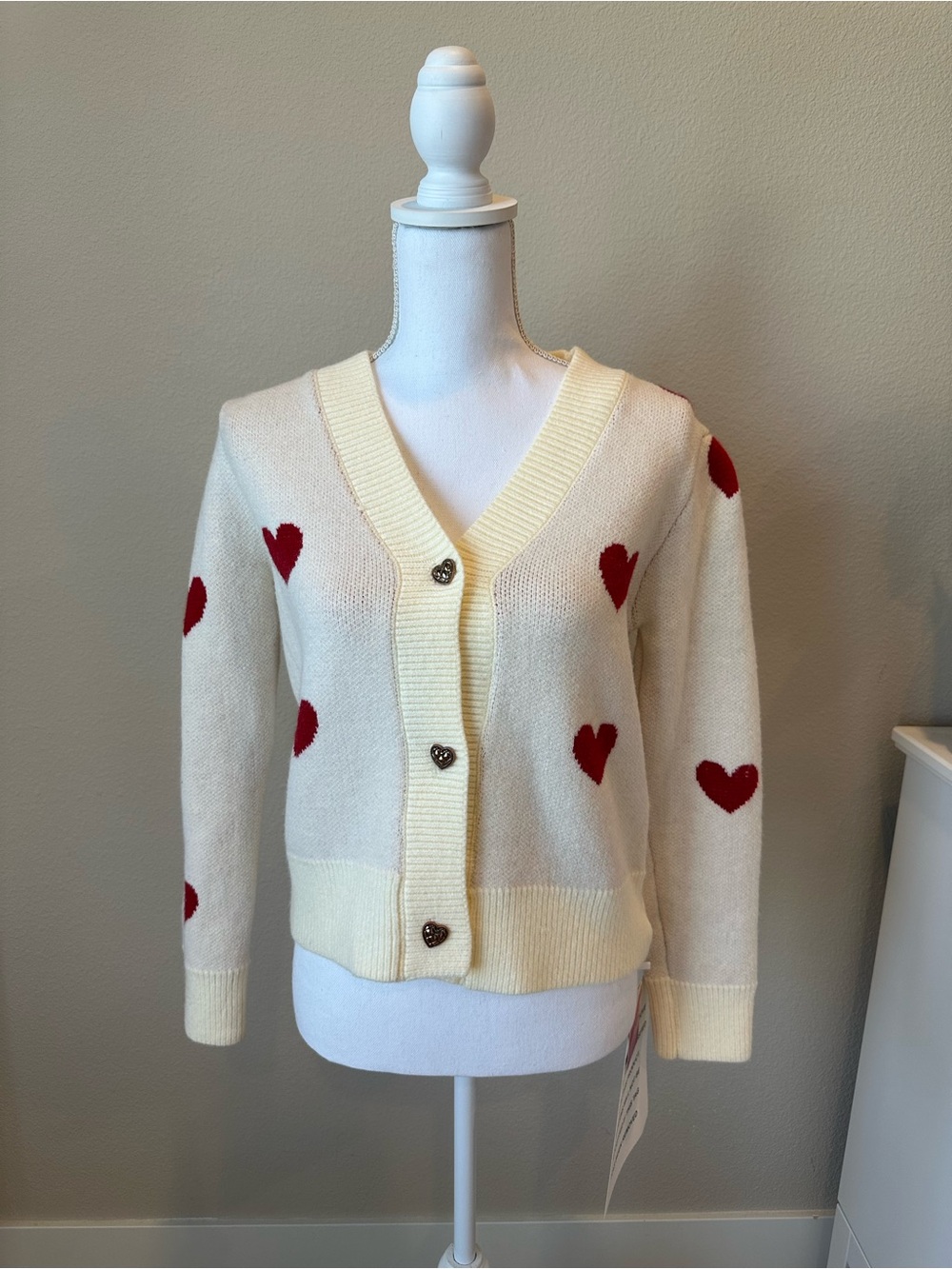 Chicwish Cream Cardigan with Red Heart Accents